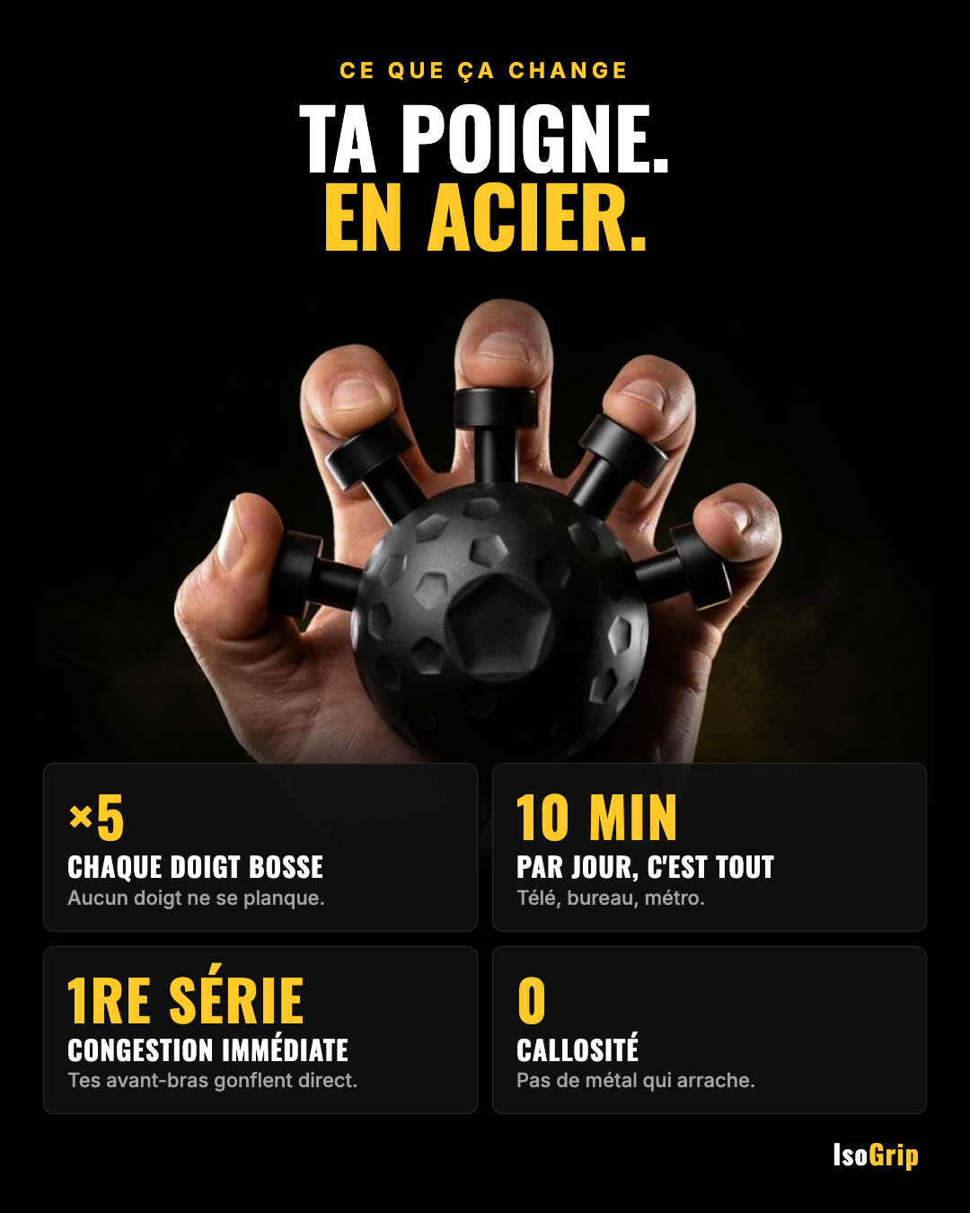 Bénéfices de l'IsoGrip : chaque doigt travaille, 10 min par jour, congestion dès la 1re série, zéro callosité